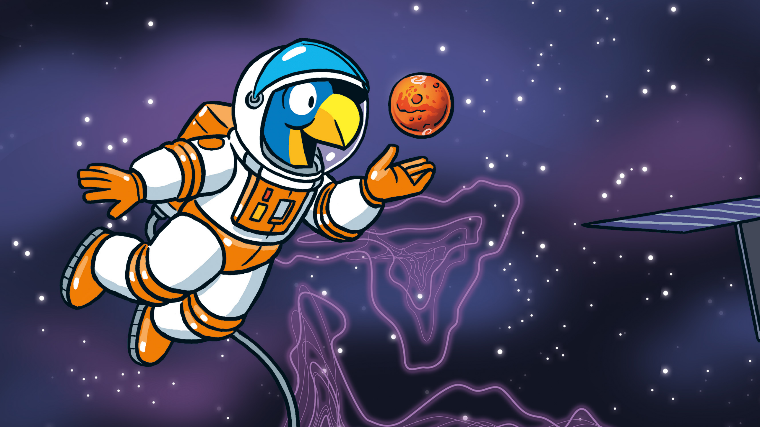 Illustration mit Globi als Astronaut im Weltraum