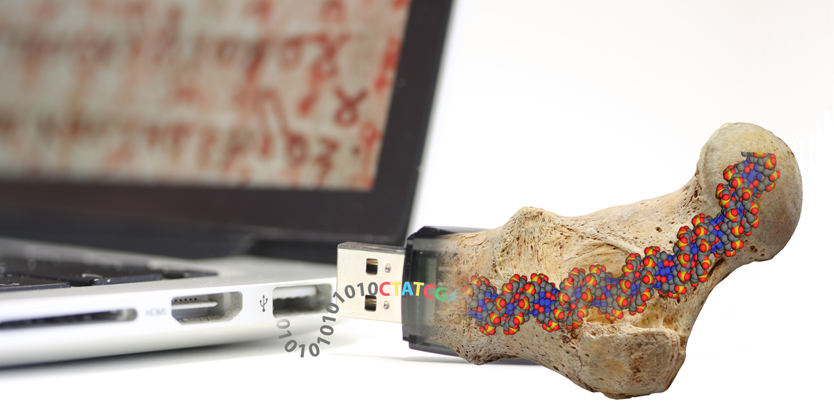 Vergr?sserte Ansicht: digitalisierte Daten werden in DNA geschrieben, die wiederum in einem Fossil verschlossen wird