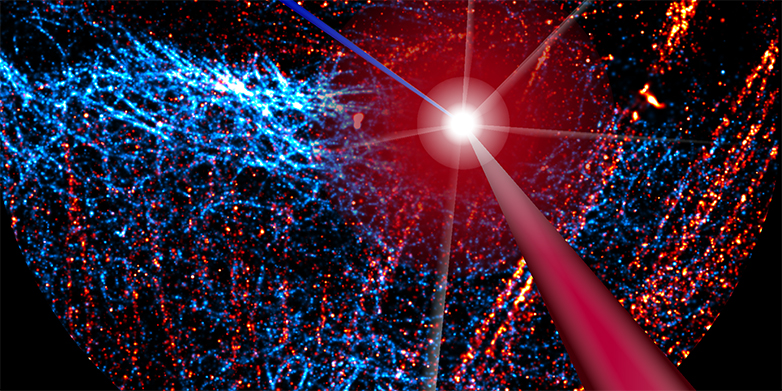 Eine veränderte Form des Proteins Eos kann mit blauem und rotem Laserlicht zum Fluoreszieren gebracht werden. Hintergrund: In Blau und Rot zwei Proteine des Zellskeletts. Das in Rot sichtbare Protein wurde mit der neuen, veränderten Eos-Form markiert. (Bildmontage: Mohr MA et al. Angewandte Chemie 2017. Copyright Wiley-VCH. Reproduced with permission)