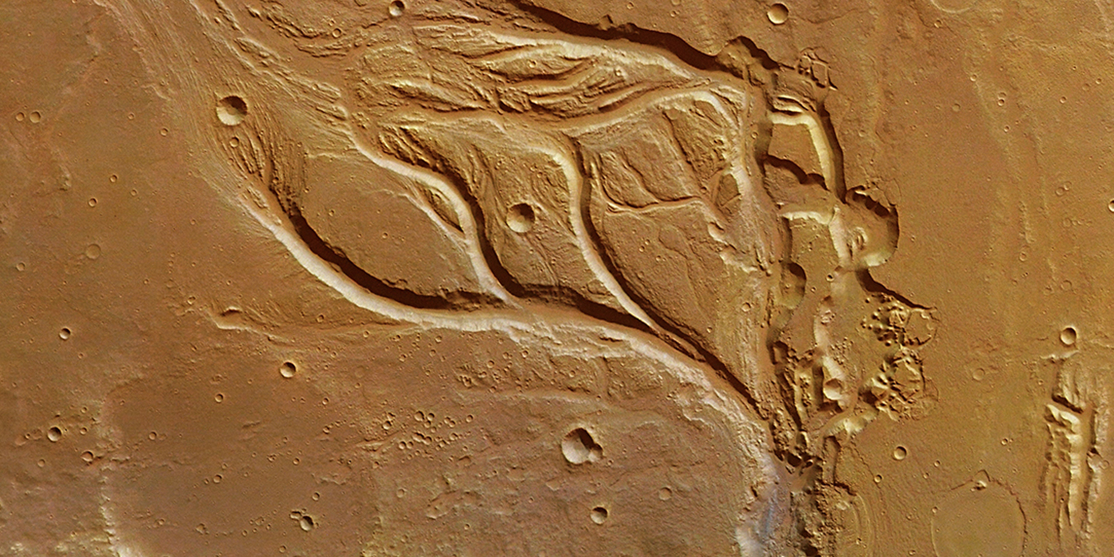 Vergr?sserte Ansicht: Die Täler des Osuga Valles auf Mars sind bis zu 900 Meter tief und an einigen Stellen 20 Kilometer breit. (Bild: ESA/DLR/FU Berlin, CC BY-SA 3.0 IGO)