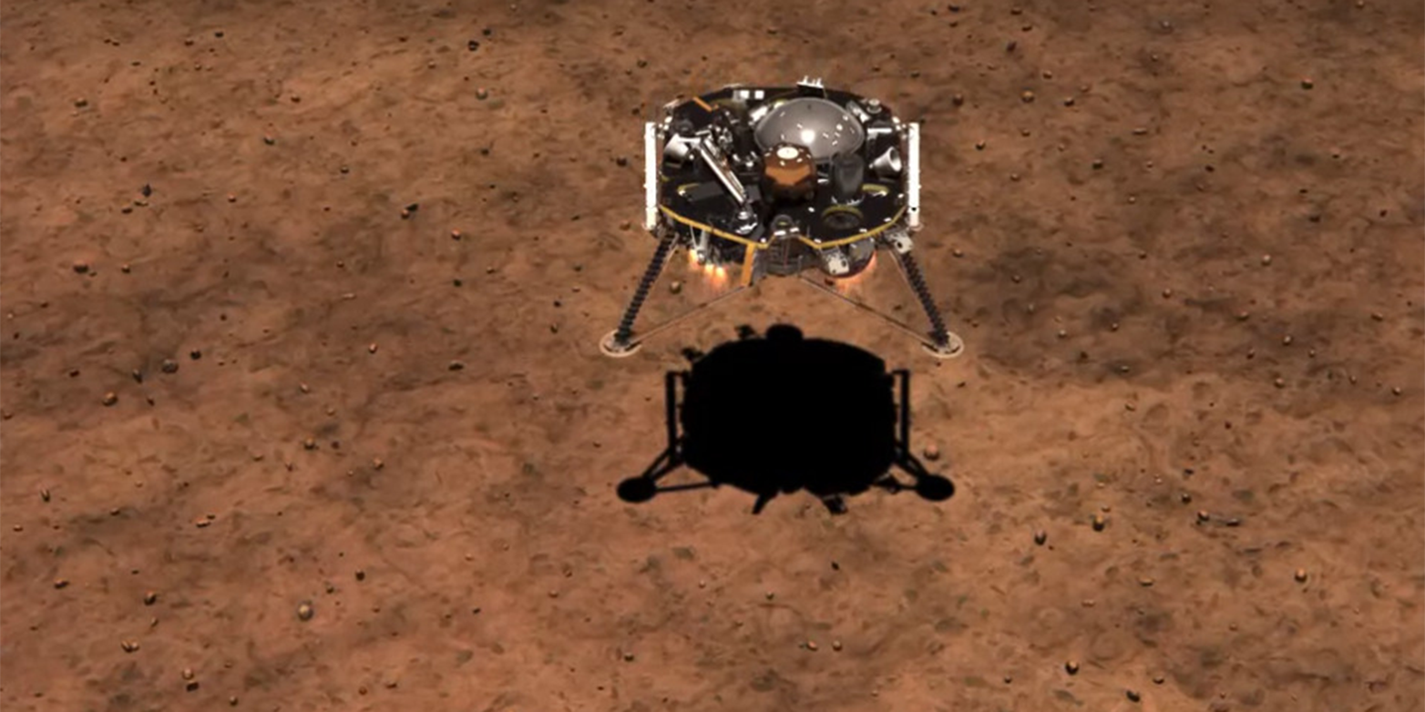 Vergr?sserte Ansicht: Computeranimation der Landung des Insight-Landers auf dem Mars. (Grafik: Nasa)