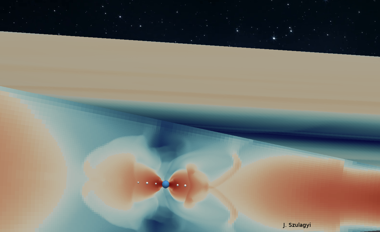 Vergr?sserte Ansicht: Computersimulationen zur Bildung von Monden (weisse Objekte) um den Neptun (blaue Kugel). (Grafik: Judit Szulágyi)
