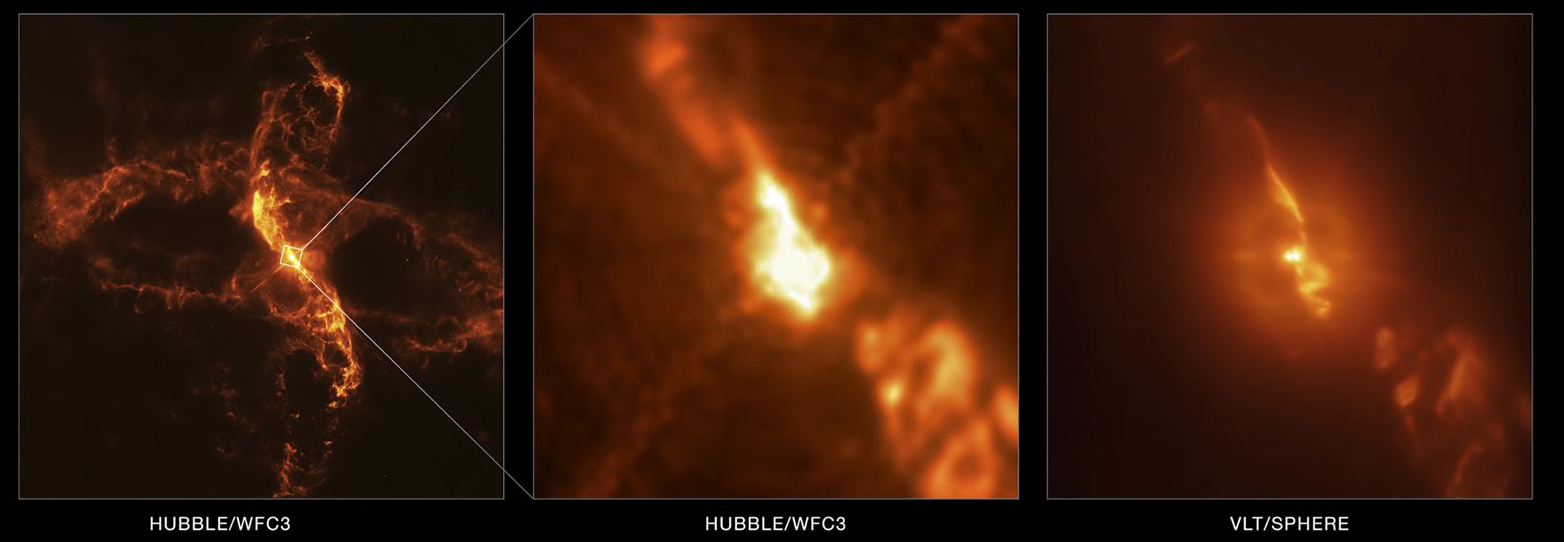 Vergr?sserte Ansicht: Das von den ETH-Forschern erstellte Bild (rechts) eines Doppelsternsystems im Sternbild Aquarius (links) ist schärfer als dasjenige des Hubble-Weltraumteleskops (Mitte). (Videostill aus www.eso.org/public/videos/eso1840a/ )
