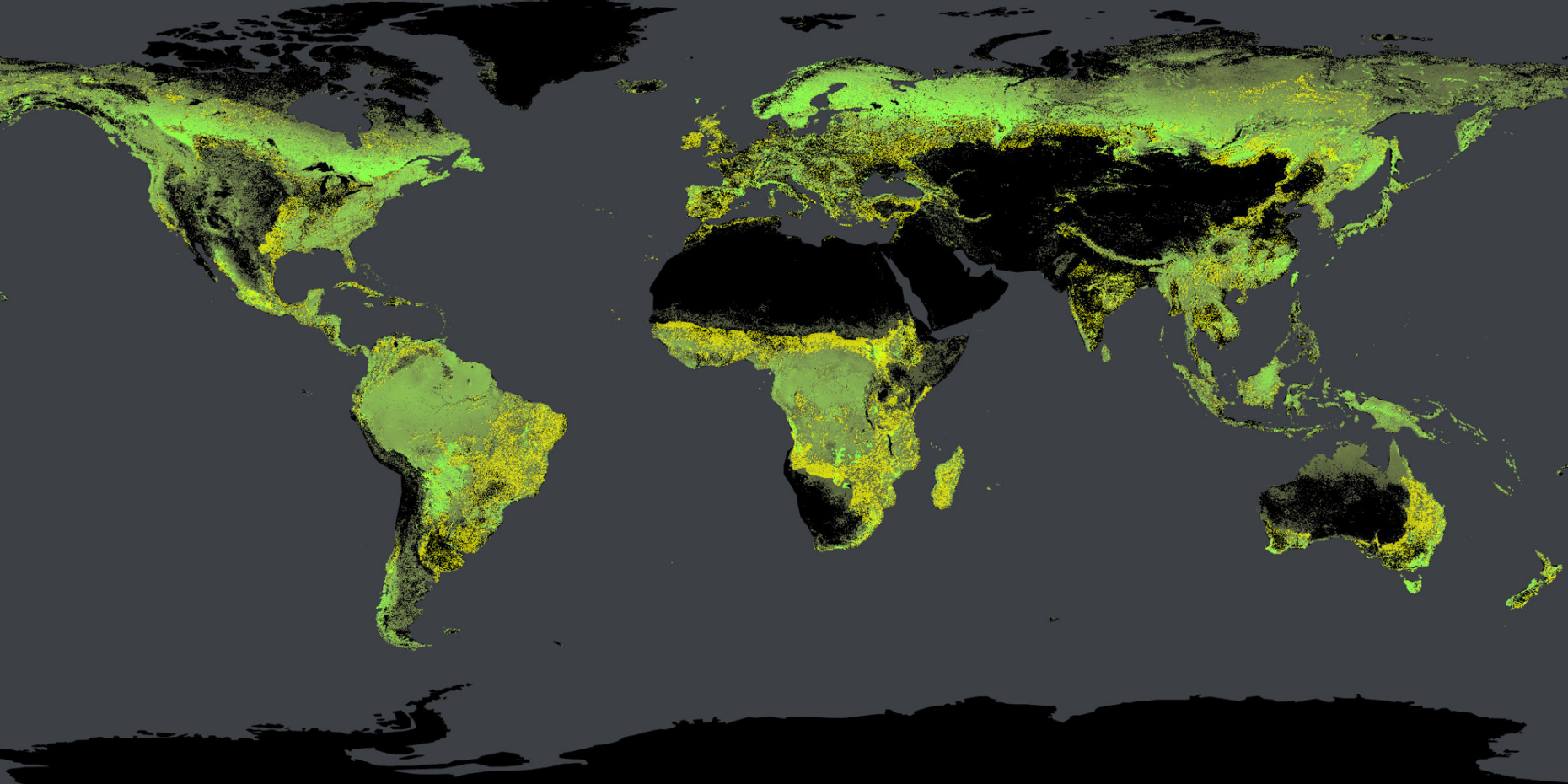 Weltkarte mit potenziell mögliche Baumdichte: 
