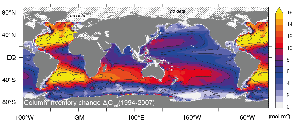 Vergr?sserte Ansicht: Die Karte zeigt die Zunahme des menschgemachten CO2 (Säule bis 3000 Meter Tiefe) in den Weltmeeren zwischen 1994 und 2007. 