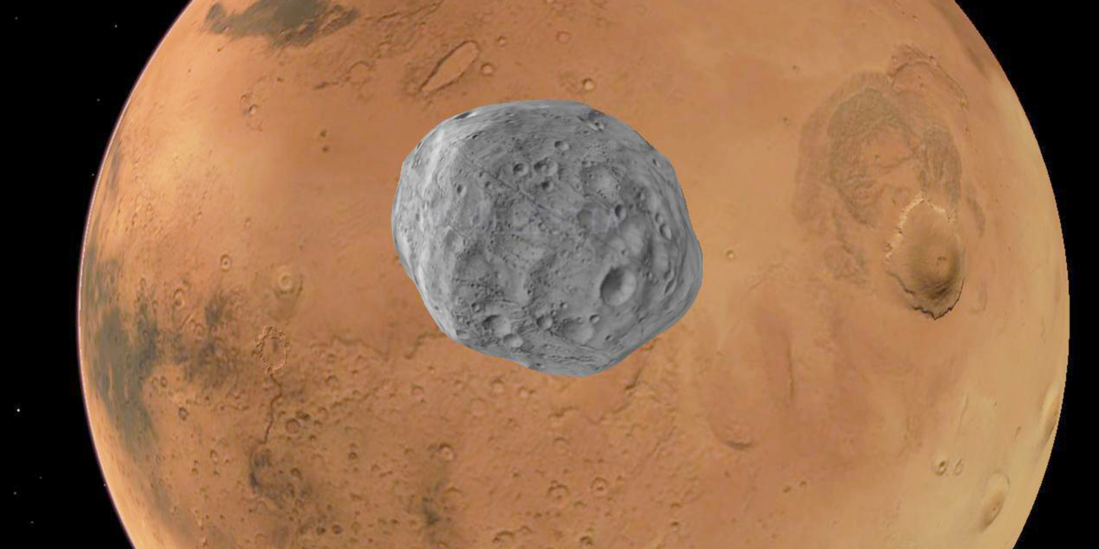 Sorgt für lokale Sonnenfinsternisse: Der Mond Phobos kreist um den Mars. (Grafik:&nbsp; jihemD/Wikimedia Commons/ CC BY-SA 3.0)