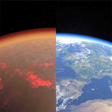 Die Erde aus dem Alll vor 4.5 Milliarden Jahren und heute