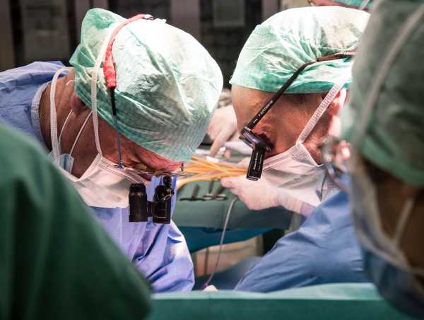 Vergr?sserte Ansicht: Prof. Pierre-Alain Clavien und Prof. Philipp Dutkowski w?hrend der Transplantation der in der Maschine behandelten Leber.