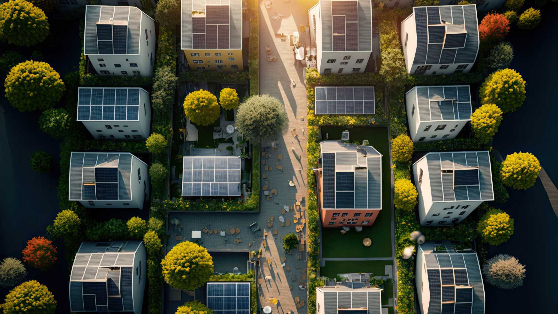 Häusersiedlung aus der Vogelperspektive, auf den Dächern der Häuser sind Solarpanels.