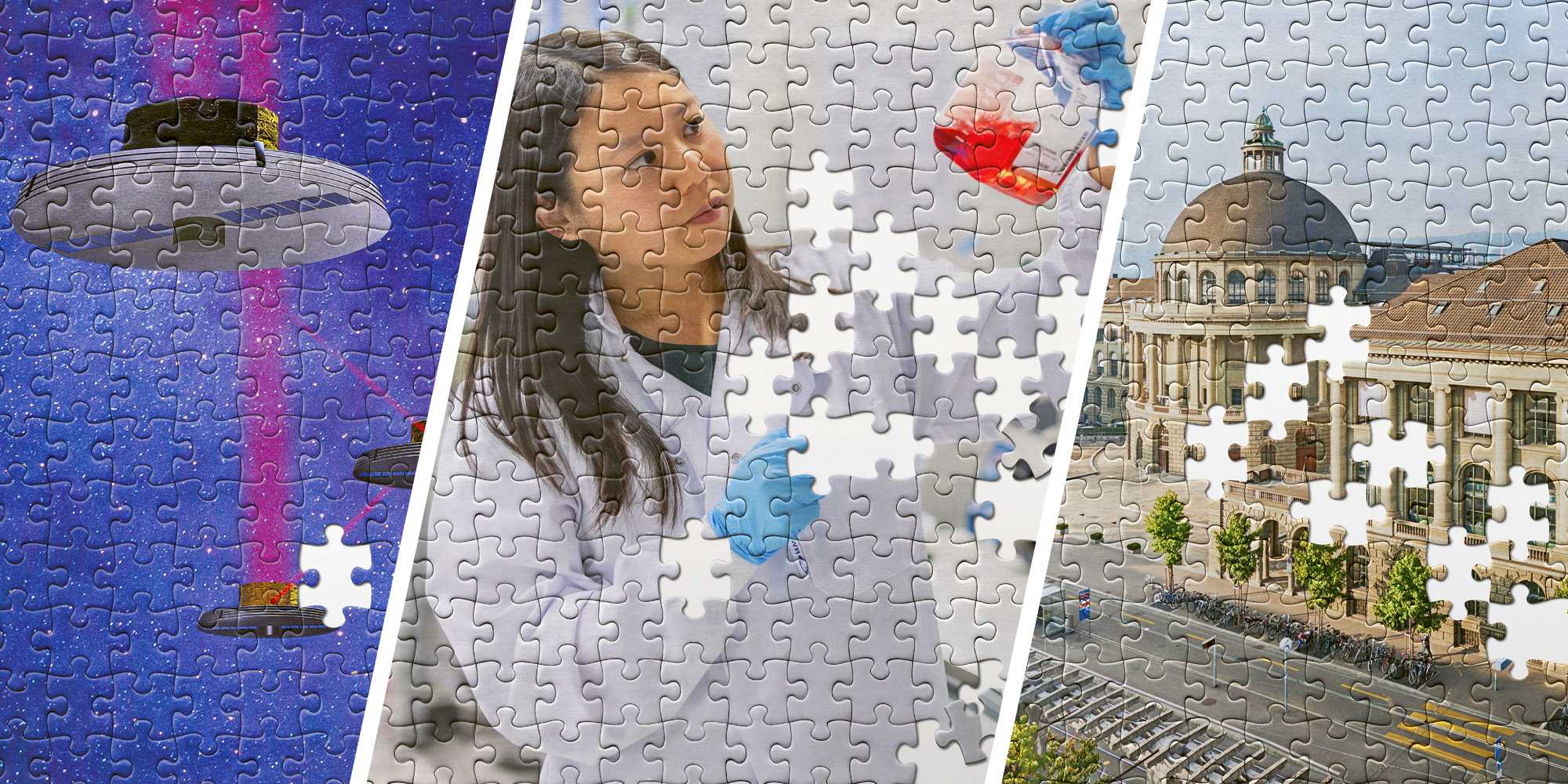 Puzzle von drei Bildern: Drohnen in der Luft, eine Frau im Labor und das ETH Hauptgebäude. Einige Puzzleteile fehlen.