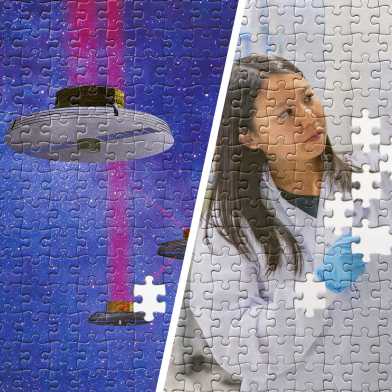 Puzzle von drei Bildern: Drohnen in der Luft, eine Frau im Labor und das ETH Hauptgebäude. Einige Puzzleteile fehlen.