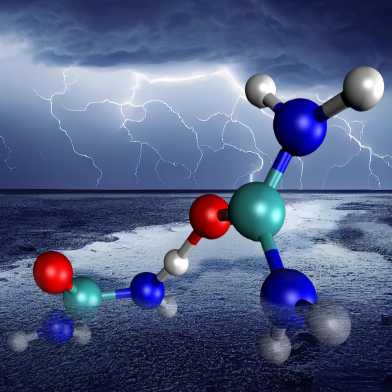 Visualisierung Moleküle im Vordergrund, im Hintergrund ein Gewittersturm