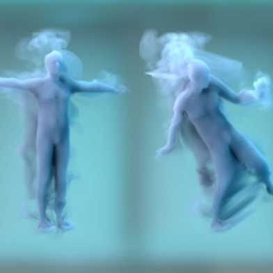 Drei Figuren, die aus Rauch bestehen, tanzen nebeneinander. 
