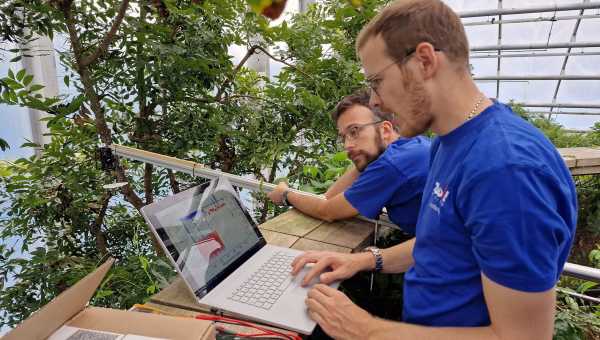 Zwei Forscher im Zoo an ihren Laptops