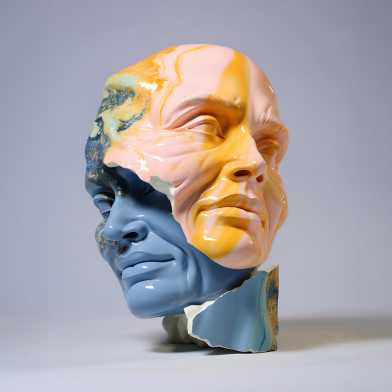 Skulptur bei der zwei Gesichter miteinander verschmelzen.