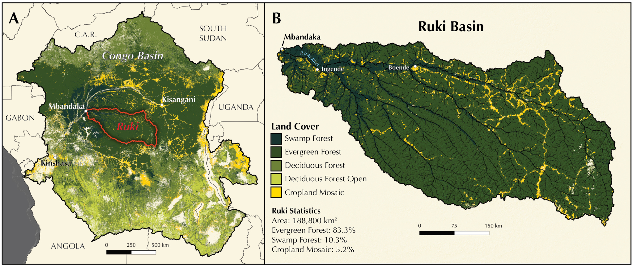 Vergr?sserte Ansicht: Karte, welche das Ruki-Becken in der Demokratischen Republik Kongo zeigt (links) und Karte, die die Ruki Basin zeigt (rechts)