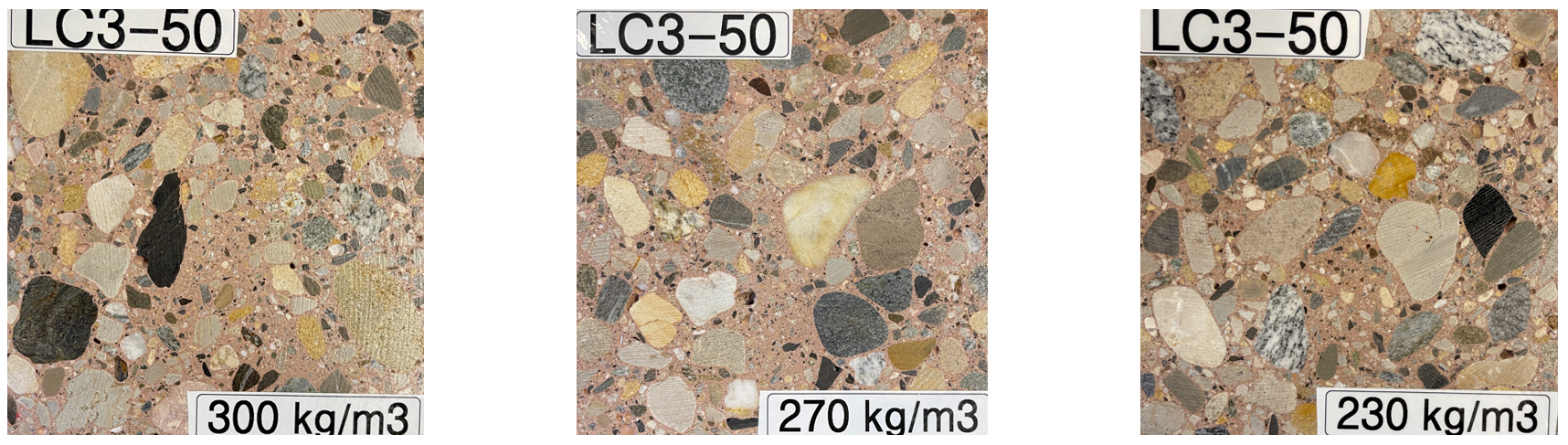 Vergr?sserte Ansicht: Drei Mikroskopaufnahmen des LC3-50 Betons von links nach rechts mit abnehmender Zementgehalt ist eine dichtere Struktur zu erkennen.