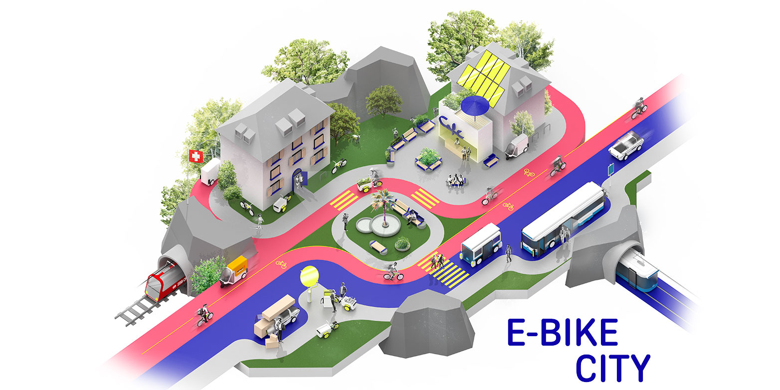 Vergr?sserte Ansicht: Das Symbolbild der E-Bike-City zeigt ein paar Häuser sowie eine blaune Einbahnstrasse für Autos und ÖV sowie eine rote Doppelfahrspur für Räder und E-Bikes.