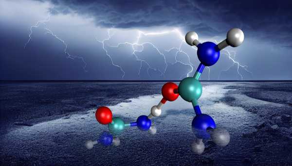 Visualisierung Molekle im Vordergrund, im Hintergrund ein Gewittersturm