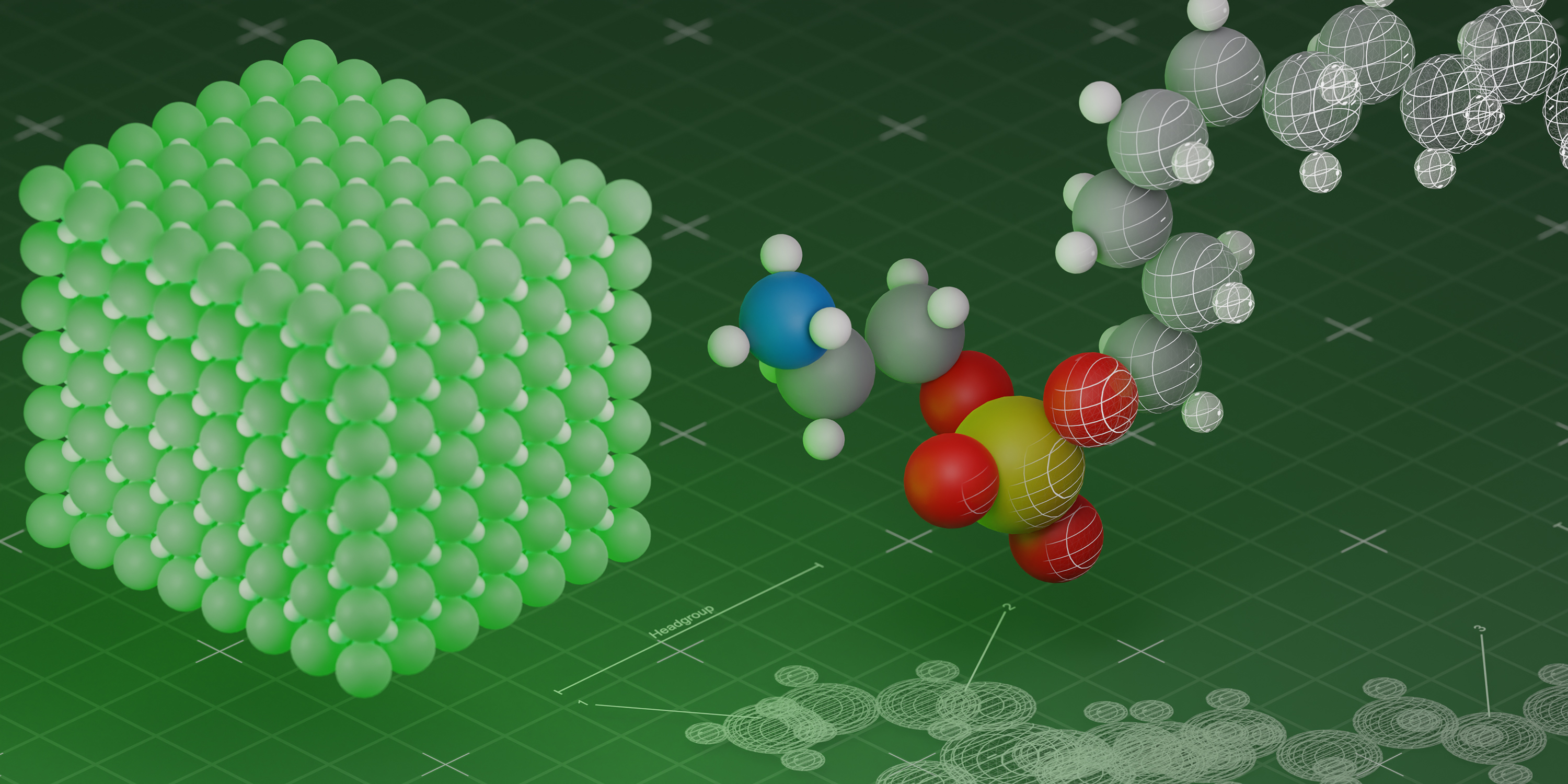 Illustration des würfelförmigen Perowskit-Nanokristall und Molekülen welche sich darum bilden. 