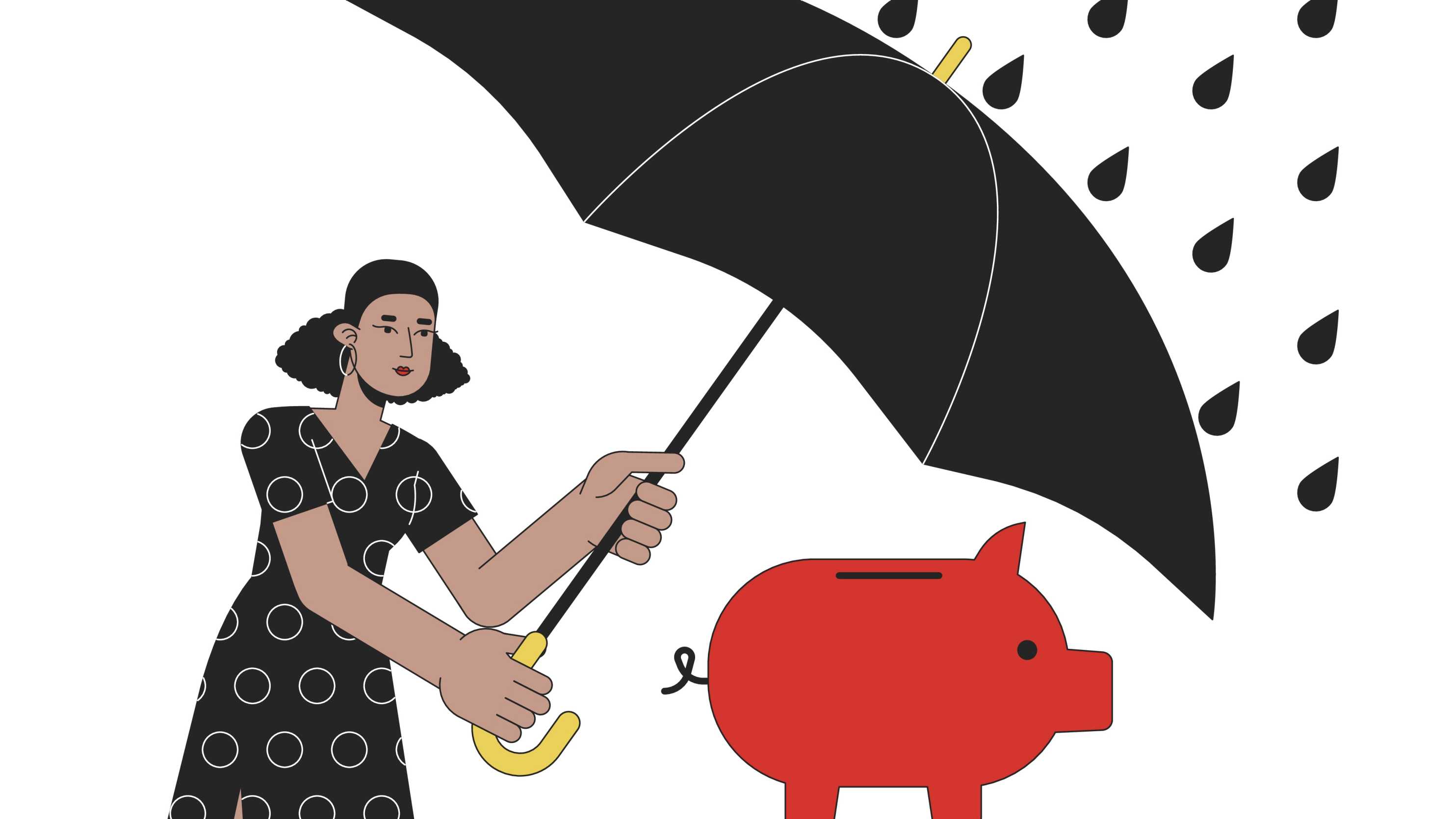 Illustration einer Frau, die ihr Sparschwein mit einem Schirm vor Regen schützt.