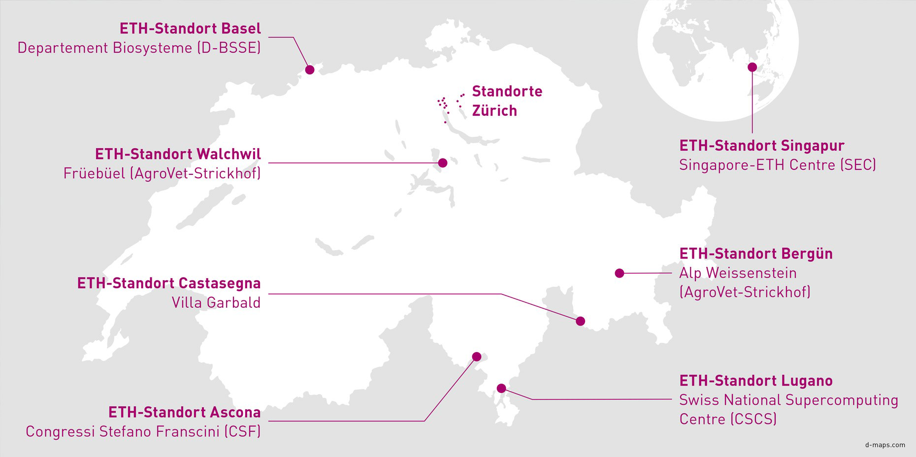 Vergr?sserte Ansicht: Karte mit den verschiedenen ETH-Standorten in der Schweiz und in Singapur